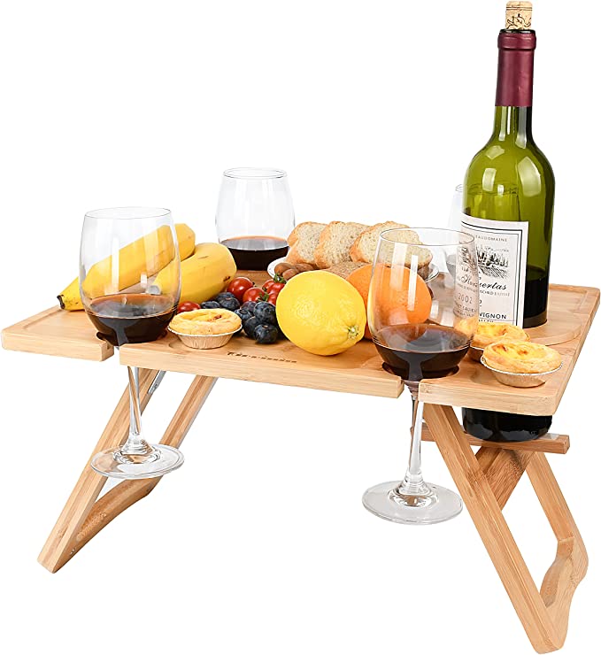 Tirrinia Outdoor Wine Picnic Table, Large Folding Portable Bamboo Snack & Cheese Tray with 4 Wine Glasses Holder & Adjustable Wine Glass Holder for Concerts at Park, Beach, Ideal Wine Lover Gift