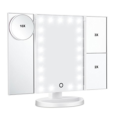 Lighted Makeup Mirror, Magicfly 10X 3X 2X 1X Magnifying Mirror 21 LED Lighted Tri-Fold Makeup Mirror with Touch Screen and 180° Adjustable Stand, Dual Power Mode Travel Beauty Mirror (White)