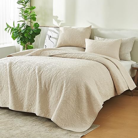 100% Cotton Stitched Full/Queen Quilt Set with Shams, Natural Vintage Decor Bedding Set, All-Season, Ultra-Soft Lightweight Bedspreads. (Full/Queen, Natural - Heirloom)