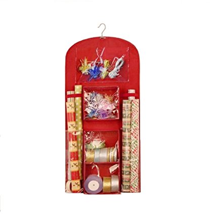 Holiday Hanging Gift Wrap Organizer, Suspends From Any Closet Rod or Hook, Multiple Clear Pockets