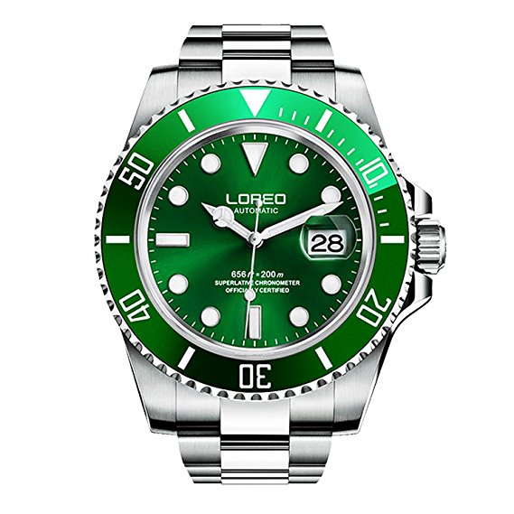 LOREO Mens GMT Silver Stainless Steel Sapphire Glass Green Rotating bezel Men's Automatic Watch