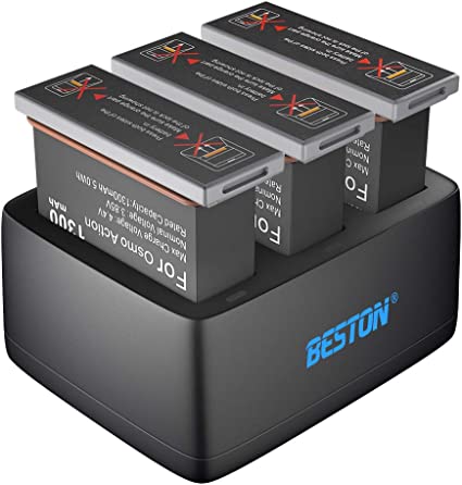 BESTON Battery Charger Pack for DJI OSMO, 3 Pack Recpacement Batteries and 3-Channel Rapid Charger for DJI OSMO Action Camera