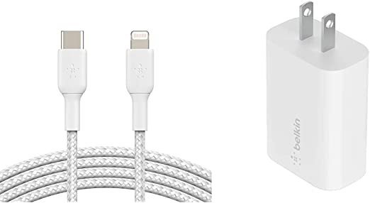 Belkin Braided USB C to Lightning Cable MFi Certified iPhone Fast Charger Type C 2M (White) & 25W Power Delivery USB C PPS Wall Charger, USB Type C PD Power Adapter PPS Enabled Fast Charger