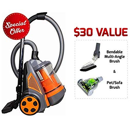 Ovente ST2620O Bagless Canister Cyclonic Vacuum – HEPA Filter – Includes Pet/Sofa, Bendable Multi-Angle, Crevice Nozzle/Bristle Brush, Retractable Cord – Featherlite – ST2620 Series, Orange