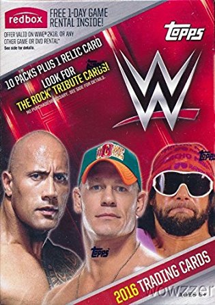 2016 Topps WWE Wrestling EXCLUSIVE Factory Sealed Retail Box with 10 Packs, RELIC Card & THE ROCK Tribute Card! Look for Cards ,Autographs & Relics of Jon Cena,Triple H, Sting, Ric Flair & Many More!