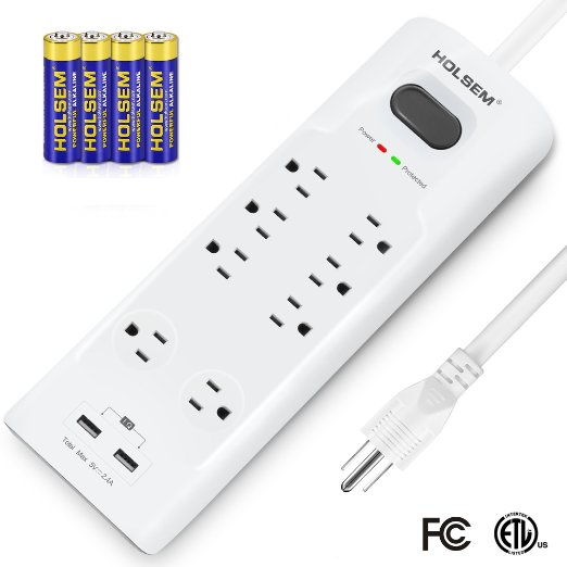 Power Strip Surge Protector 8 Outlets and 2 Smart USB Charging Ports 5V24A 6 ft Heavy Duty Extension Cord USB Outlet for Home and Office Charging Station 4 bonus HOLSEM AA Batteries WHITE