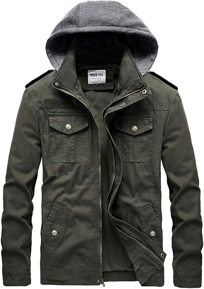 RongYue Men's Casual Cotton Military Windbreaker Jacket with Removable Hood