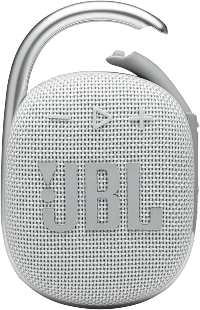 JBL Clip 4, White - Portable Bluetooth 5.1 Speaker - Up to 10 Hours of Play - Waterproof & Dust Resistant - Includes Noise & Echo-Canceling Speakerphone