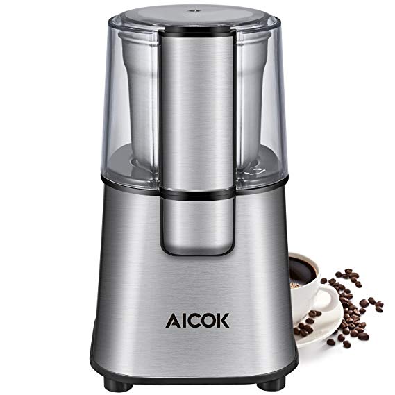 Aicok Coffee Grinder Electric Fast and Fine Fineness Coffee Blade Grinder with Removal Coffee Powder Bowl Stainless Steel Motor Base 200W for Most Efficient Grinding 2-Year Warranty