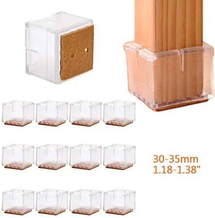 Silicone Chair Leg Floor Protector Caps Square, Furniture Table Desk Feet Flexible Caps Cover Anti-Skid Prevent Scratches for 30-35mm Square Legs, Clear 12 Pack