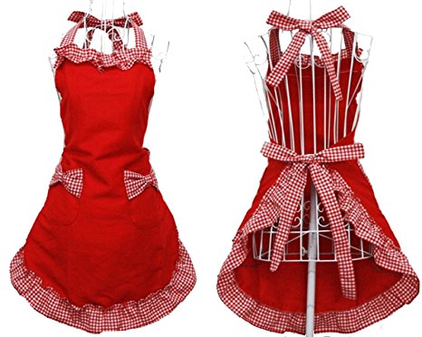 Hyzrz Cute Fashion Cotton Flirty Red Aprons for Women Girls Vintage Cooking Retro Apron with Pockets