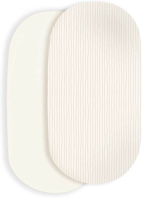 Makemake Organics Organic Cotton Bassinet Sheet (Set of 2) GOTS Certified Bassinet Mattress Soft Breathable Fits Hourglass Rectangle Oval (15"x33" 4", Eggshell Stripes & Solid)