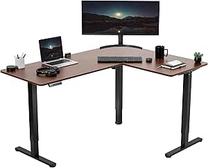 VIVO Electric Height Adjustable 63 x 47 inch Corner Stand Up Desk, Dark Walnut Table Top, Black Frame, L-Shaped Standing Workstation, 3CT Series, DESK-E3CTD-47