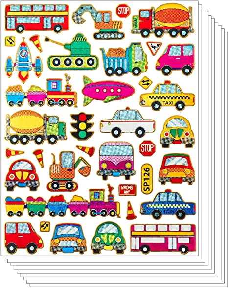 Car Glitter Sticker - Vivid Truck Bus Tank Taxi Train Railway Van Booloon Vehicle Toy for Scrapbook Card Craft for Kids (10 Sheets)