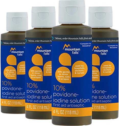 Mountain Falls 10% Povidone Iodine Solution First Aid Antiseptic, 4 Fluid Ounce (Pack of 4)