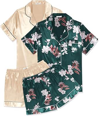 Ekouaer 2 Pack Womens Pajama Sets Silk Satin Short Sleeve Button Down Sleepwear Top and Shorts Pjs Lounge Set S-XXL