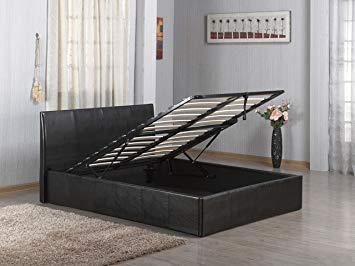 Ottoman Gas Lift Up 4'6" Double Faux Leather Storage Bed in Black