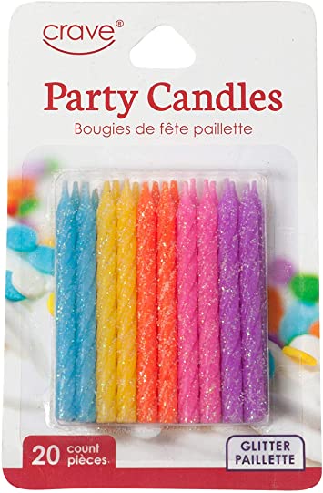 Jacent Fun Glitter Striped Birthday Candles, Blue, Yellow, Orange, Pink and Purple - 20 Count per Package, 1-Pack