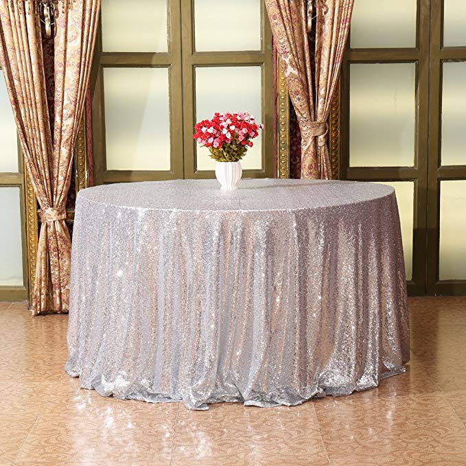 Eternal Beauty Sequin Tablecloth, Sequin Table Linen, 108", Round, Silver