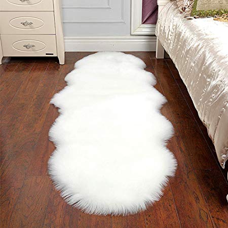 HEBE Soft Faux Sheepskin Rug Runner 2 x 6 Feet Fur Chair Couch Cover White Area Rug for Bedroom Floor Sofa Living Room