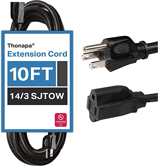Thonapa 14/3 Black Oil Resistant Extension Cord - Heavy Duty Cable with 3 Prong Grounded Plug for Safety (10 Ft - SJTOW)