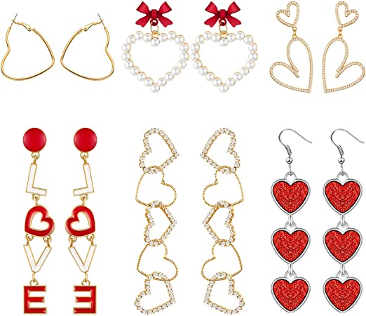 6 Pairs Valentines Day Earrings Heart Hoops Dangle Earrings Bow Artificial Pearl Earrings Love Earrings Love Crystal Earrings for Women Girls