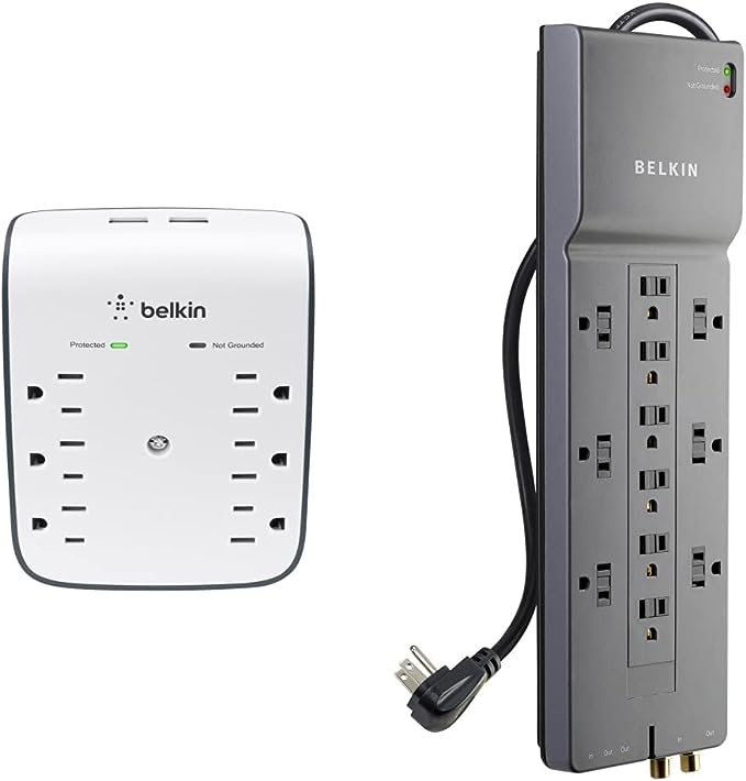 Belkin SurgePlus 6-Outlet Wall Mount Surge Protector, White and Gray & Power Strip Surge Protector - 12 AC Multiple Outlets & 8 ft Long Flat Plug Heavy Duty Extension Cord(3,940 Joules)