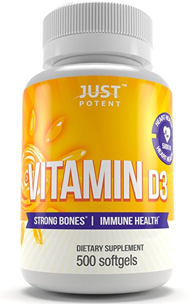 Vitamin D3 Supplement by Just Potent :: 500 Softgels :: 5000 IU :: 500 Days of Uninterrupted Supply