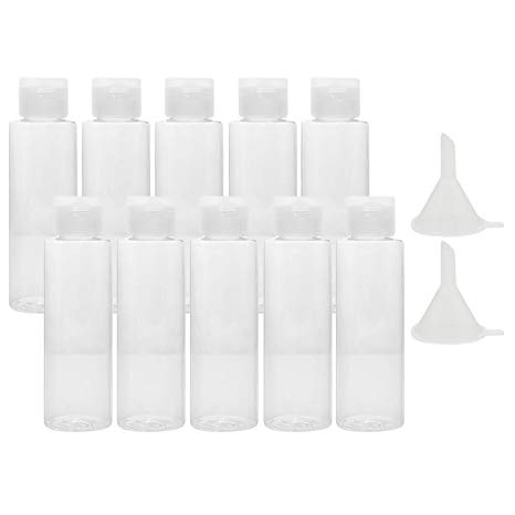 Travel Bottle,10 PCS 100ml Clear Plastic Air Flight Cosmetic Bottles Set Lotion Shower Gel Shampoo Container with 2 Small Funnel for Flight Airport Holiday