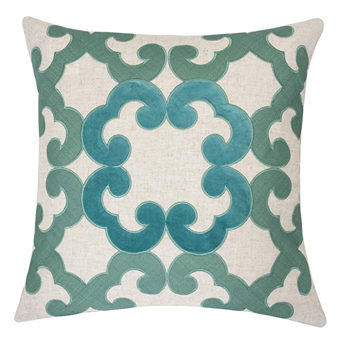 Homey Cozy Applique Linen Throw Pillow Cover, Teal Lullita Decorative Square Couch Cushion Pillow Case 20 x 20 Inch, Cover Only