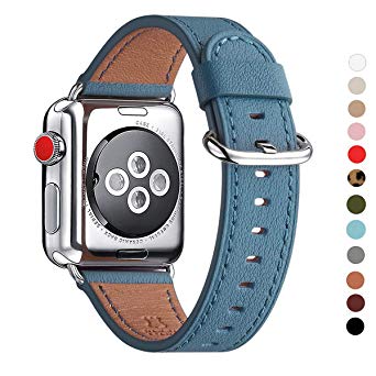 WFEAGL Compatible with iWatch Band 38mm 40mm 42mm 44mm, Top Grain Leather Band Replacement Strap for iWatch Series 5,Series 4,Series 3,Series 2,Series 1,Edition(Light Blue Band Silver Adapter, 42mm)