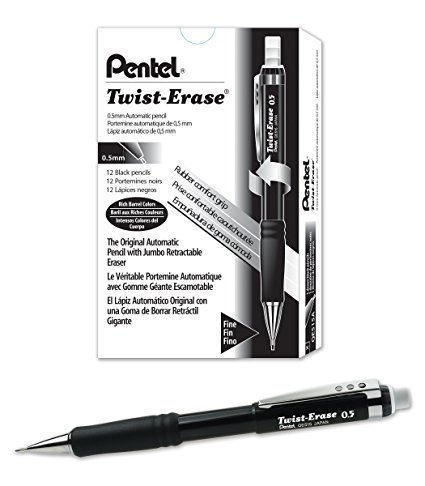 Pentel Twist-Erase III Mechanical Pencil ,0.5mm , Black Barrel, 12 Pack (QE515A)