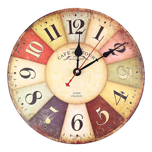 Soledi Wall Clock Decal, 12" Vintage France Paris Colorful Country Tuscan Style Wood Wall Clock