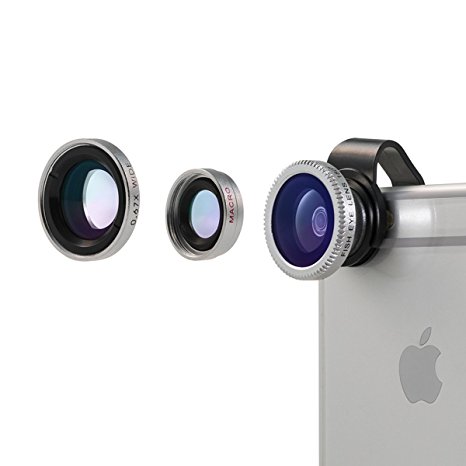Vinsic Camera Lens, Universal Detachable 180° Fish Eye Lens Wide Angle Lens Micro Lens 3 in 1 Easy Use Camera Lens Kits Special with 2 Clips for iPhone Series, iPhone 6 6 Plus 5 5c 5s 4s 4 3 (Silver)