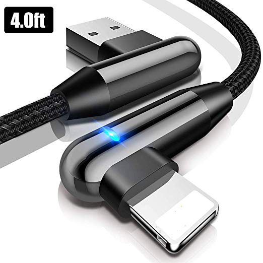 Cafele 90 Degree Phone Charger Cable with LED Light, 4FT Angled Cable Right Angle Charging Cord Fast Speed Sync Date Cable for Phone (Black)