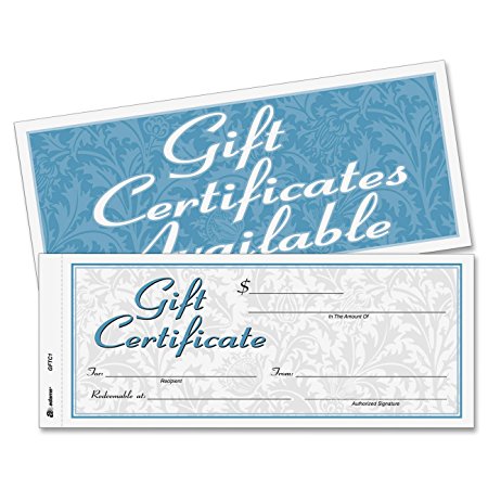 Adams Gift Certificate Book, Carbonless, Single Paper, 3.4 x 8 Inches, White, 2-Part, 25 Numbered Certificates Plus Store Sign (GFTC1)