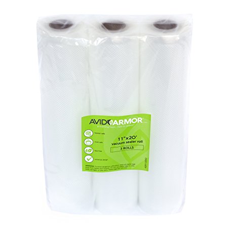 3 Roll Pack 11" x 20' Vacuum Sealer Bags Rolls for Food saver & Seal a Meal Vac Sealers, Commercial Grade BPA Free Sous Vide Safe FITS INSIDE ROLL STORAGE AREA Cut Bag to Size 60 Total Feet Avid Armor