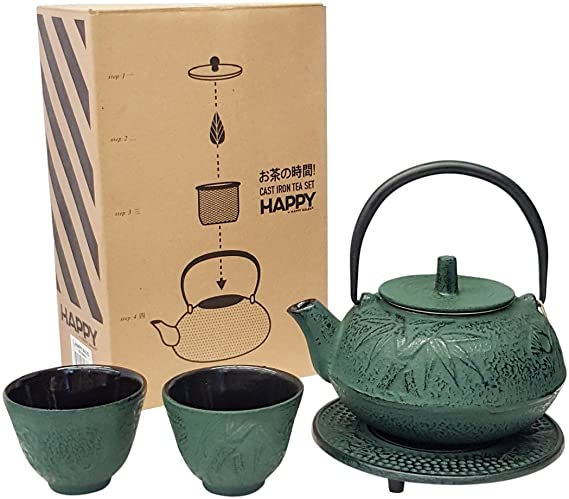 Happy Sales , Cast Iron Tea Pot Tea Set Green Bamboo