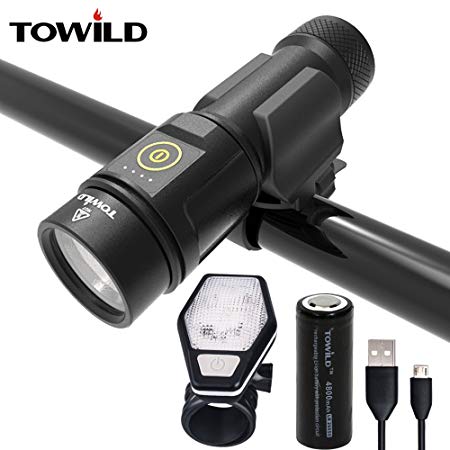 TOWILD Bicycle Front Light Flashlight 1000 Lumens Extremely 4800mAh Battery USB Cable Rechargeable 90 Degree Wide Visible Beam Scope with Free Tail Light and Camping Lantern (BC06 Black)
