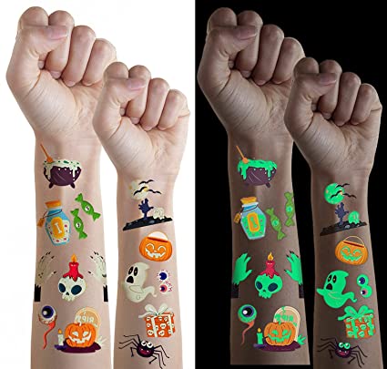 Halloween Temporary Tattoos for Kids 10 Sheets , 140 Pcs Glow in the Dark Tattoos for Kids Halloween Birthday Party Favors Supplies Trick or Treat Pumpkin Ghost Skeletons Monster Halloween Tattoos