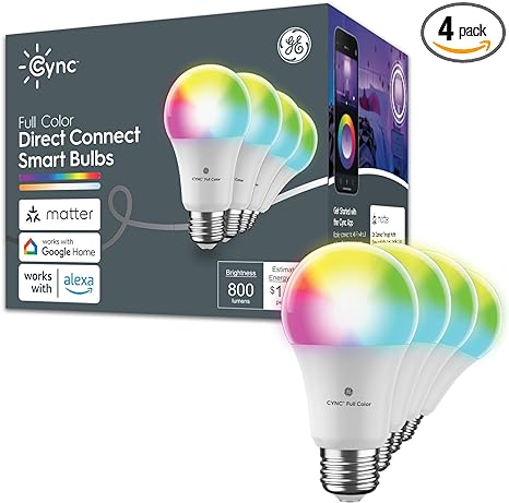 GE CYNC Smart LED Light Bulbs, Full Color and Color Changing, Matter Compatible, Bluetooth and Wi-Fi Enabled, Christmas Lights and Holiday Decor, Works with Alexa and Google Home, A19 Bulbs (4 Pack)