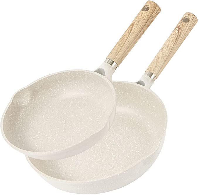 CAROTE Frying Pan Skillet Set Nonstick Granite Egg Omelet Pan Induction Compatible, PFOA Free, 8 Inch and 10 Inch, White