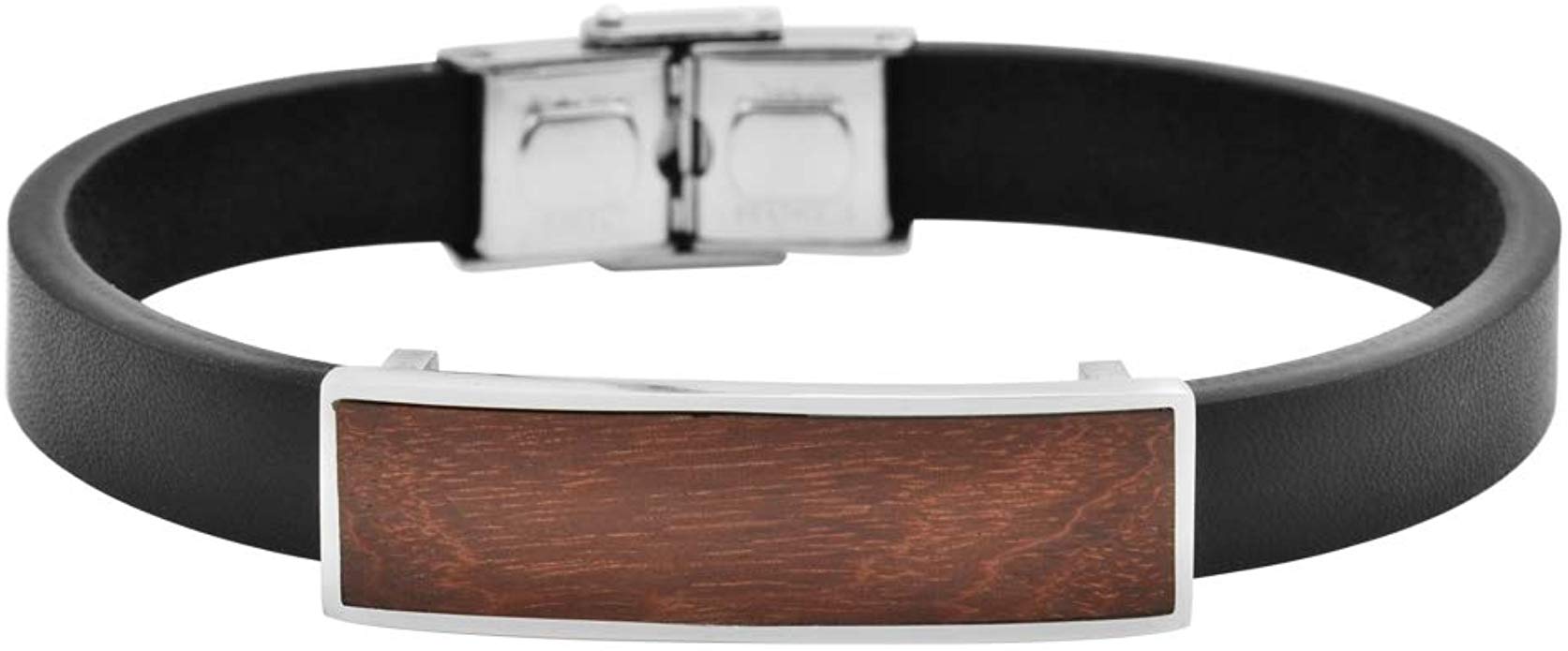 Geoffrey Beene Men's Leather and Stainless Steel Bracelet with Wood ID Plate