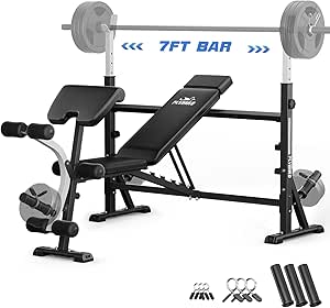 FLYBIRD Olympic Weight Bench, Adjustable Bench Press with Squat Rack, Leg Developer, Preacher Curl Pad for Home Gym, Full-Body Strength Training Equipment