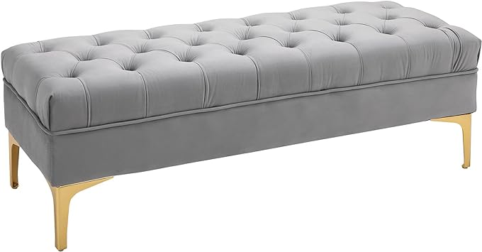 HOMCOM Banc Banquette capitonnée Bout de lit Style Classique Chic dim. 118L x 45l x 42H cm piètement métal doré Velours Gris Clair