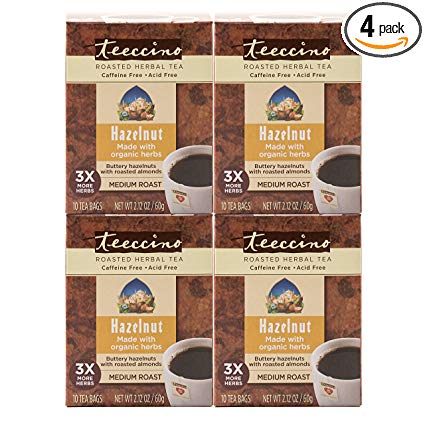 Teeccino Hazelnut Chicory Roasted Herbal Tea, Caffeine Free, Acid Free, Coffee Substitute, Prebiotic, 10 Tea Bags (Pack of 4)