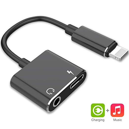 Headphone Adapter for iPhone Dongle Aux Audio Charger to 3.5 mm Dual Jack 2 in 1 Earphones Connector Adapter Compatible for iPhone 7/7Plus/8/8Plus/X/11/XS Accessory Connector Support All iOS - Black