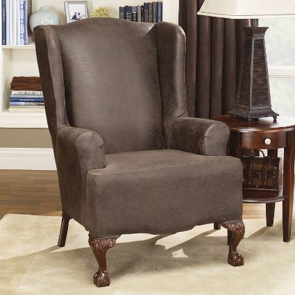 Sure Fit Stretch Faux Leather Wing Chair Slipcover, Brown