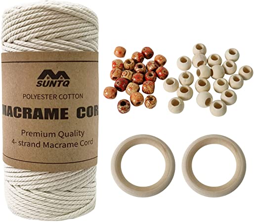SUNTQ Macrame Kit for Starter 3mm x 109Yards 100% Natural Cotton Macrame Cord，4pcs Wooden Beads,2pcs Wooden Rings,and Manual for Beginners