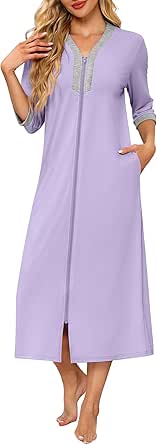 Ekouaer Women's Zipper Robe 3/4 Sleeves Housecoat Full Length Nightgown Soft Loungewear Robe with Pockets S-3XL